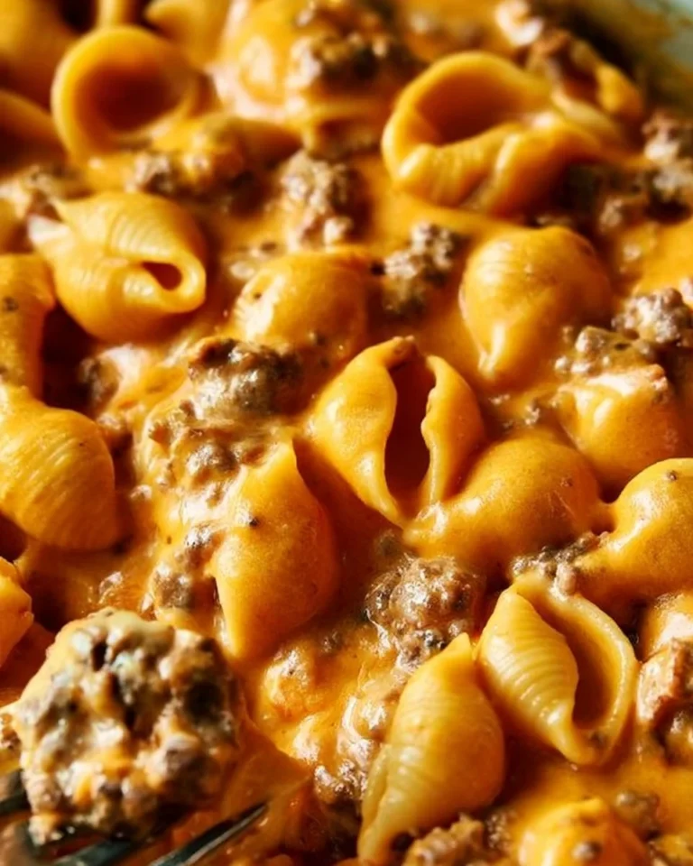 Homemade Hamburger Helper with ground beef and cheese on a plate