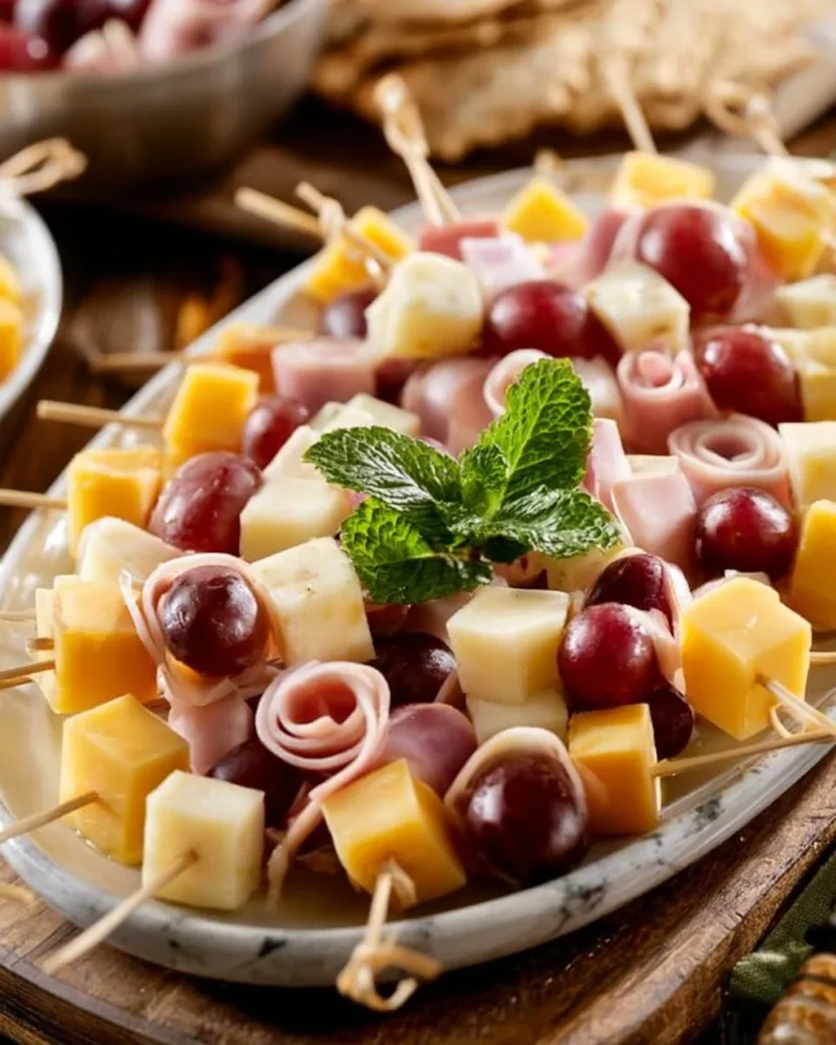 Ham, cheese, and fruit skewers arranged on a platter