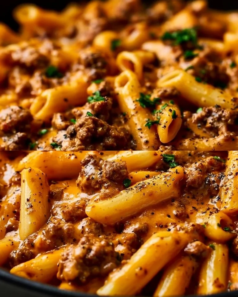 High-protein creamy beef pasta dish with fresh ingredients and herbs