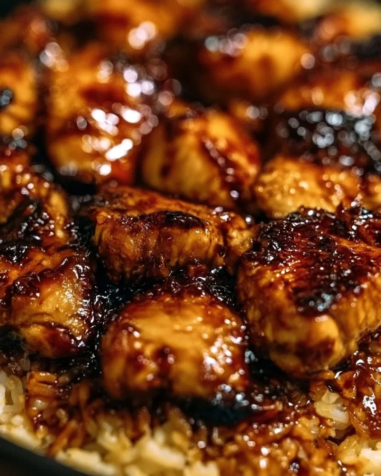 Delicious Honey BBQ Chicken served with rice in a one-pan meal.