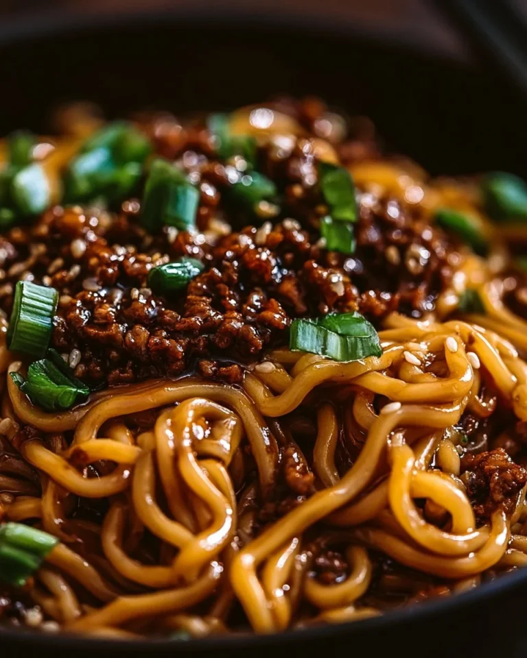 Mongolian ground beef noodles served in a bowl with fresh vegetables