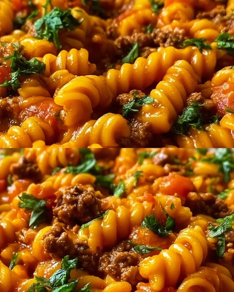 One Pot Beef Taco Pasta in a skillet, topped with cheese and fresh herbs