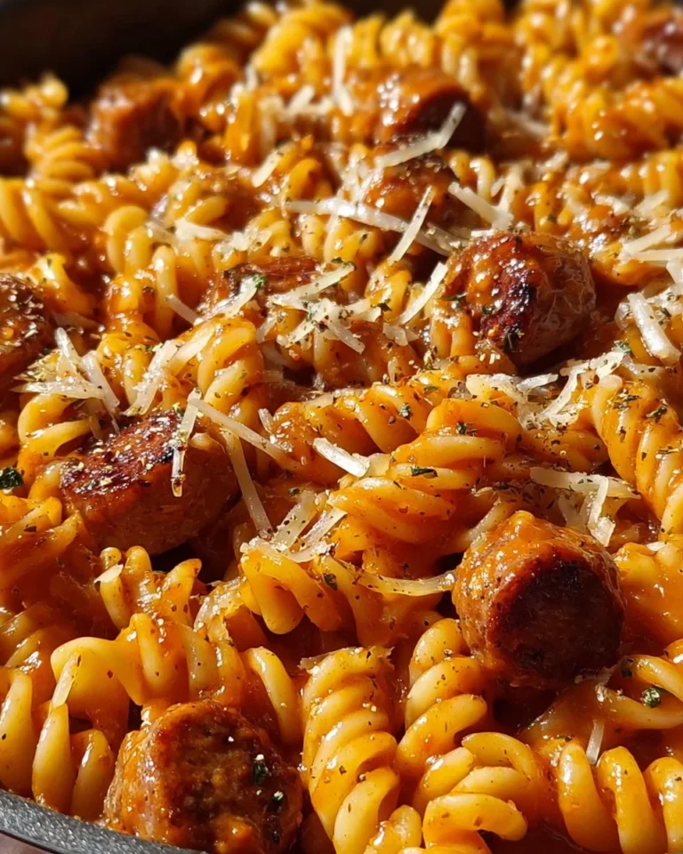 One-Pot Honey BBQ Sausage Pasta with vibrant flavors and colorful ingredients.