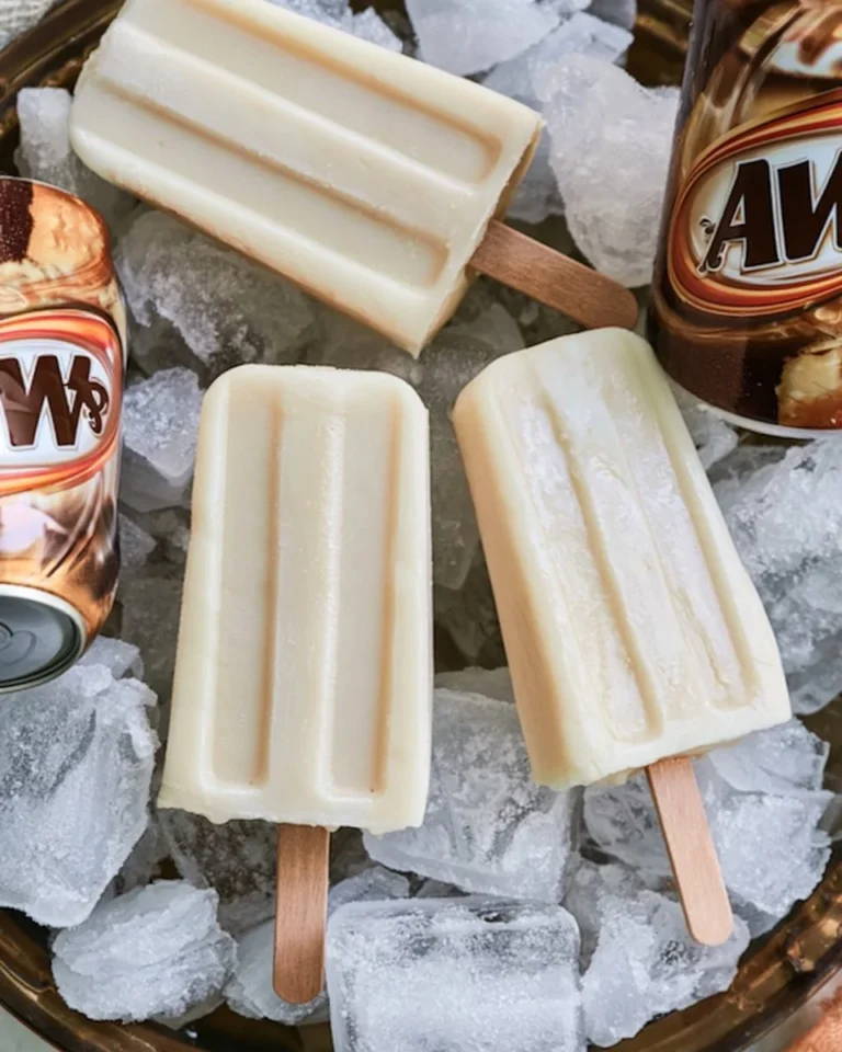 Homemade Root Beer Float Popsicles ready to serve in a sunny outdoor setting.