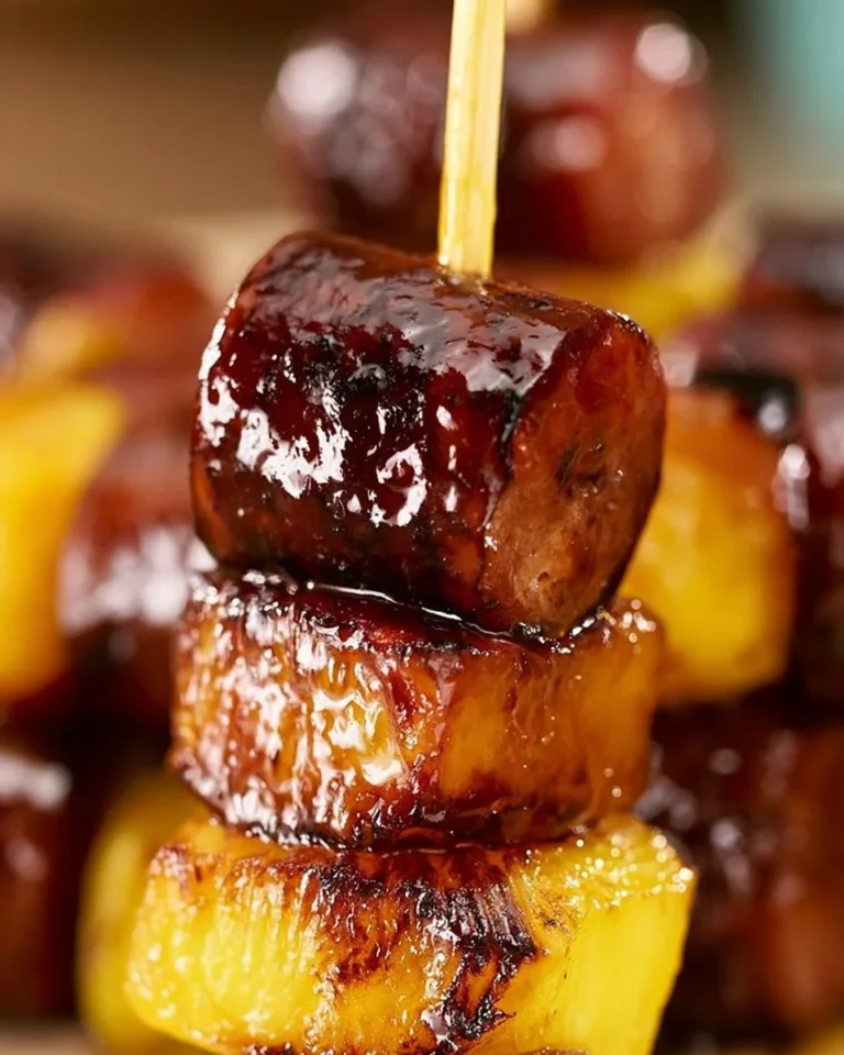 Grilled Sausage Pineapple Kabobs on skewers ready to serve