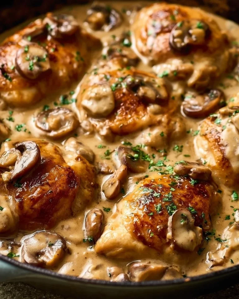 Skillet Chicken with Mushroom Wine Sauce served on a plate