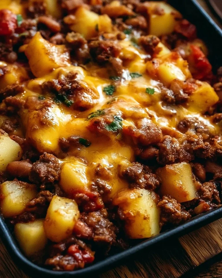 Delicious Slow Cooker Cowboy Casserole ready to serve with beef, beans, and cheese.