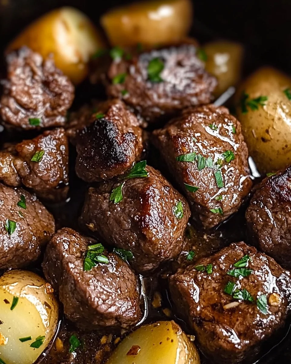 Slow Cooker Garlic Butter Beef Bites with Potatoes