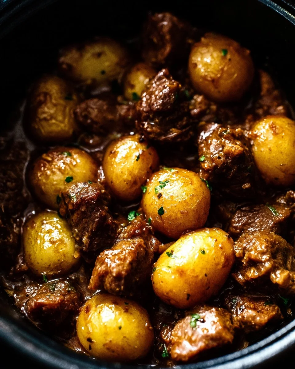 Slow Cooker Garlic Butter Beef Bites with Potatoes