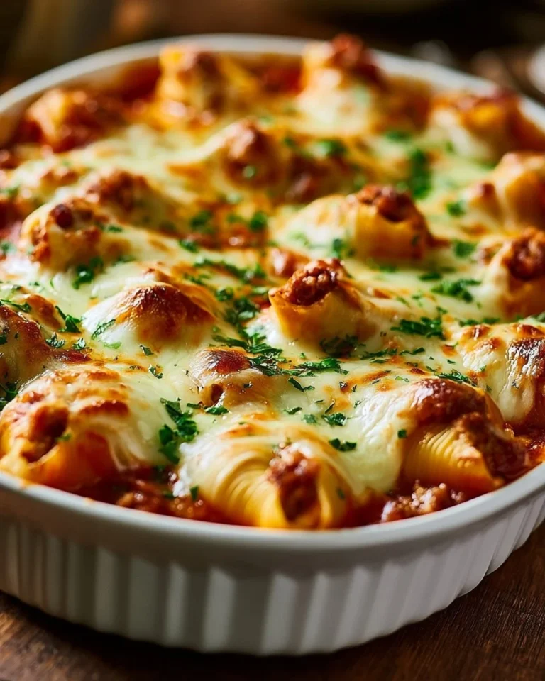 Stuffed pasta shells filled with ground beef and cheese in marinara sauce