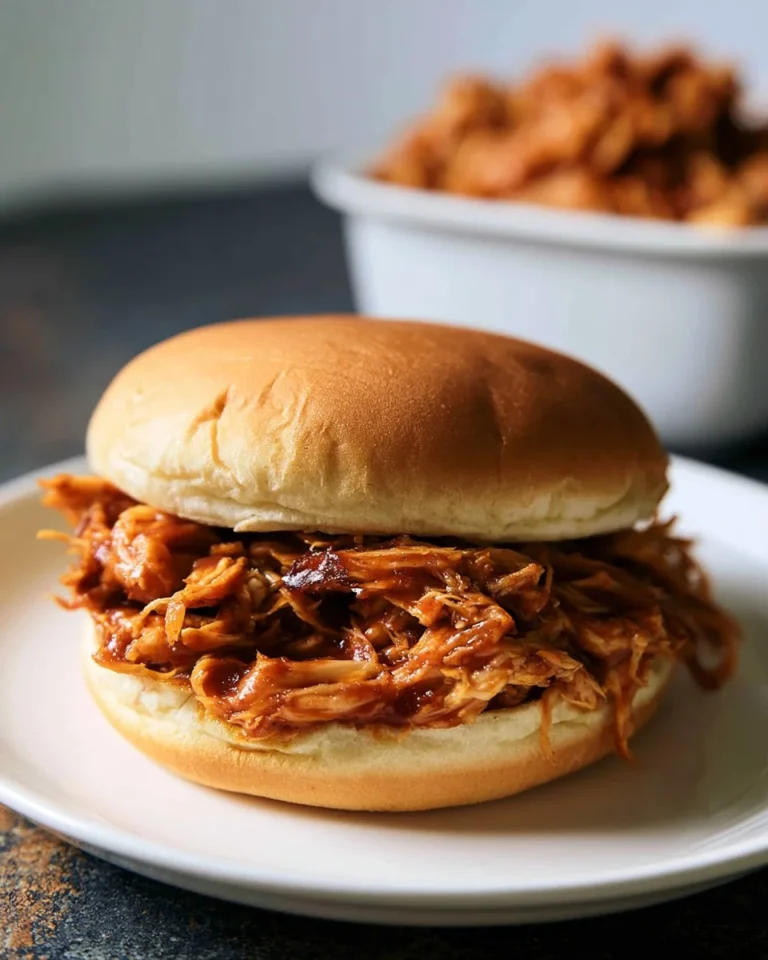 Deliciously cooked Crockpot BBQ Chicken shredded for easy pulled chicken sandwiches.