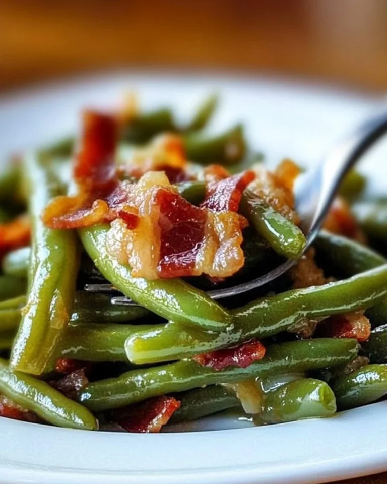 Delicious Bacon Green Beans served on a plate with crispy bacon and fresh green beans.