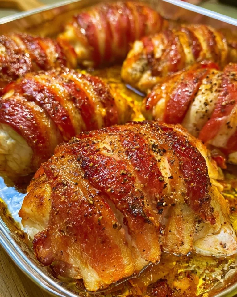 Delicious Bacon Wrapped Chicken Breasts garnished and ready to serve
