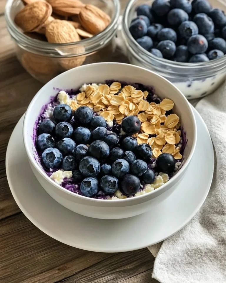 Baked blueberry cottage cheese breakfast bowl topped with fresh blueberries.