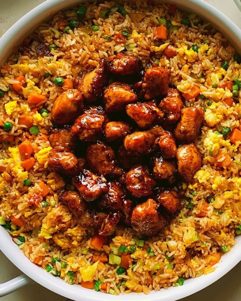 Plate of spicy Bang Bang Chicken Fried Rice garnished with vegetables.