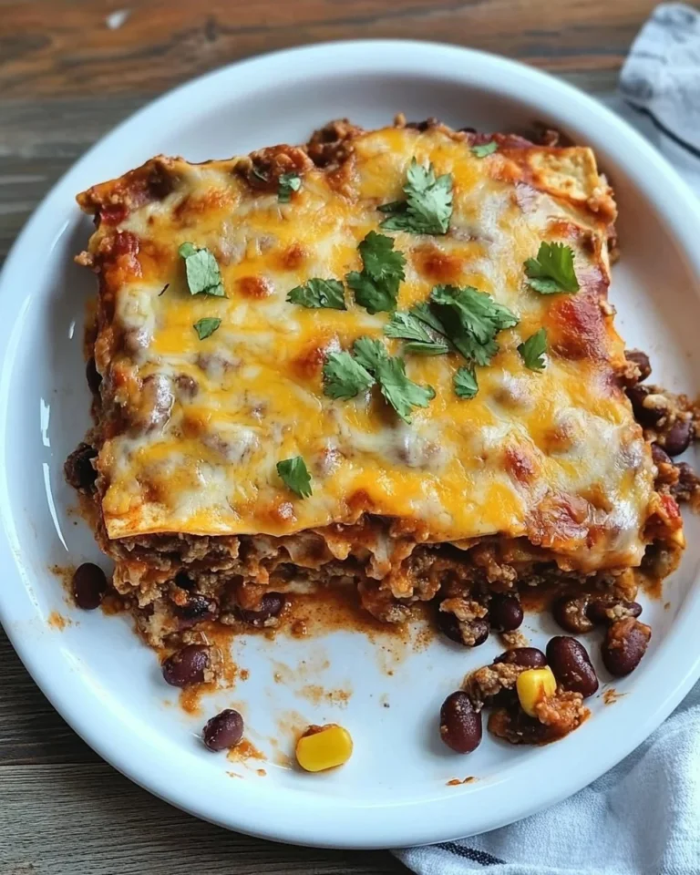 Delicious Beef and Bean Enchilada Casserole served in a baking dish