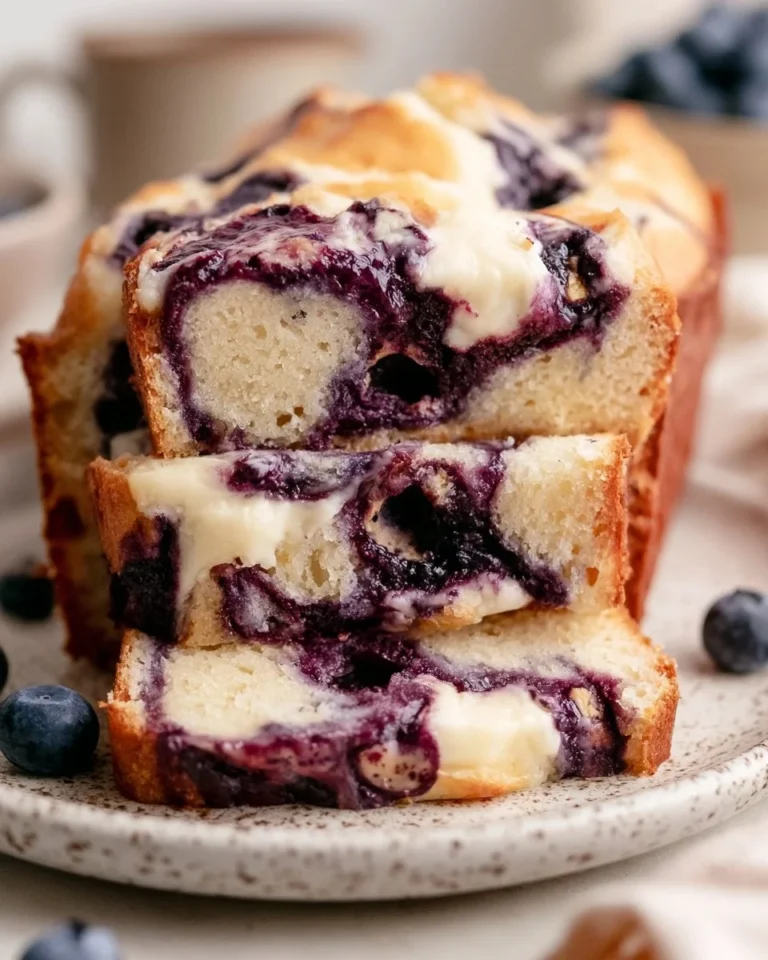Homemade blueberry cream cheese bread topped with fresh blueberries