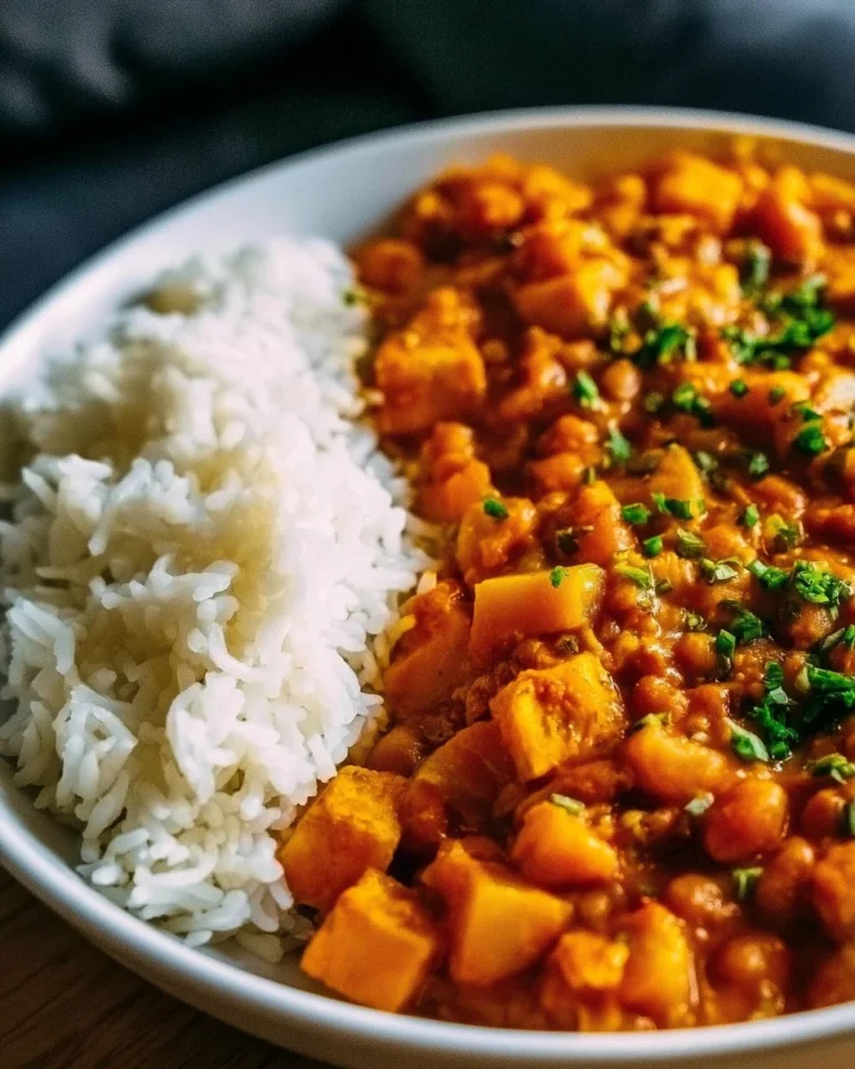 Butternut squash and chickpea curry served in a bowl
