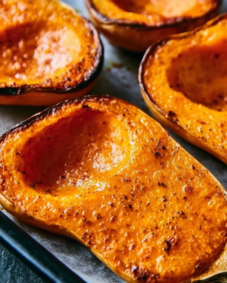 Baked butternut squash in an oven dish garnished with herbs.
