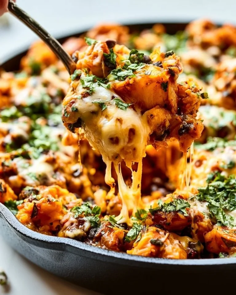 Butternut squash and black bean enchilada skillet in a cast iron pan