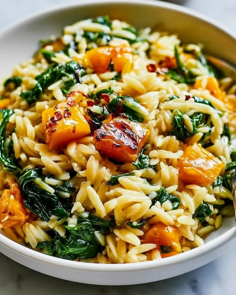Delicious butternut squash orzo dish served in a bowl with herbs