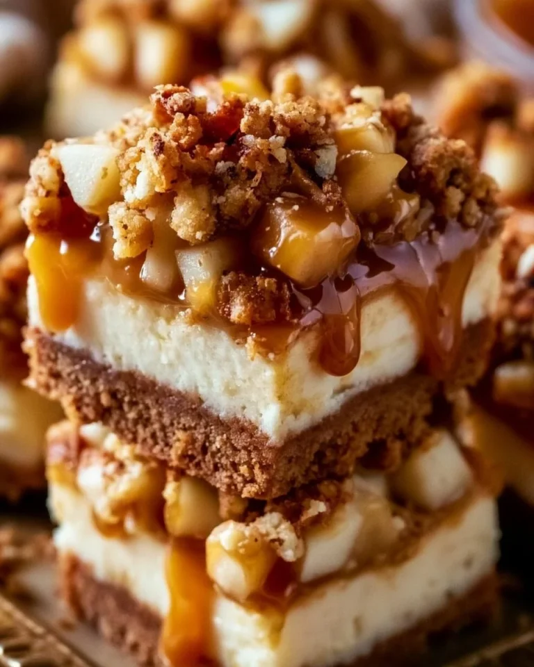 Delicious caramel apple cheesecake bars topped with caramel drizzle and apple slices