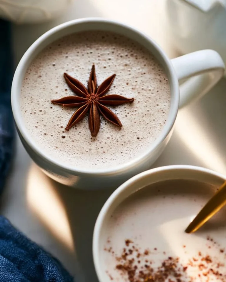 A cup of chai spiced coconut milk garnished with spices and a cinnamon stick.