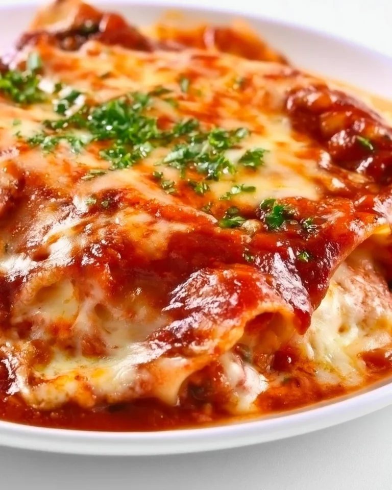 Savory cheese stuffed manicotti baked with marinara sauce and topped with basil
