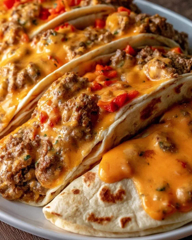 Delicious cheesy beef tacos topped with fresh ingredients and melted cheese.