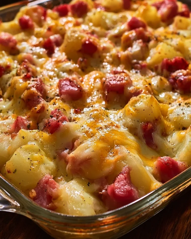 Cheesy potato and ham casserole served in a baking dish