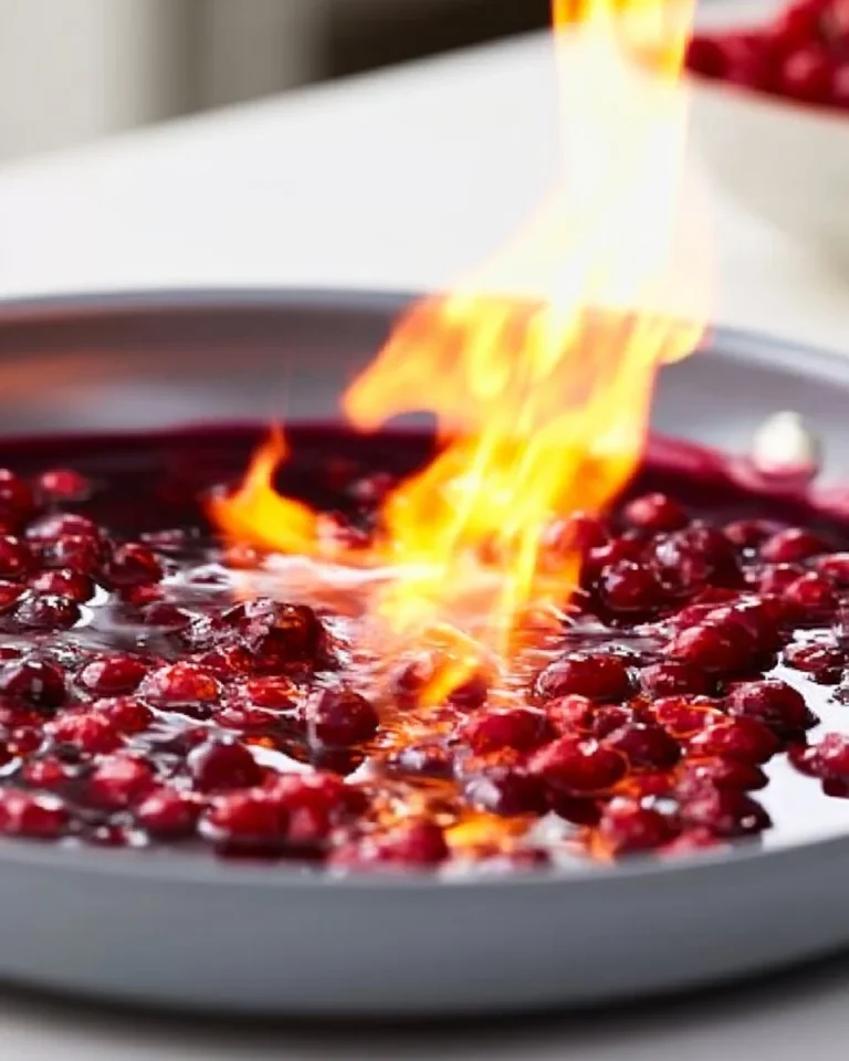 A delicious serving of Cherries Jubilee with flambeed cherries over vanilla ice cream