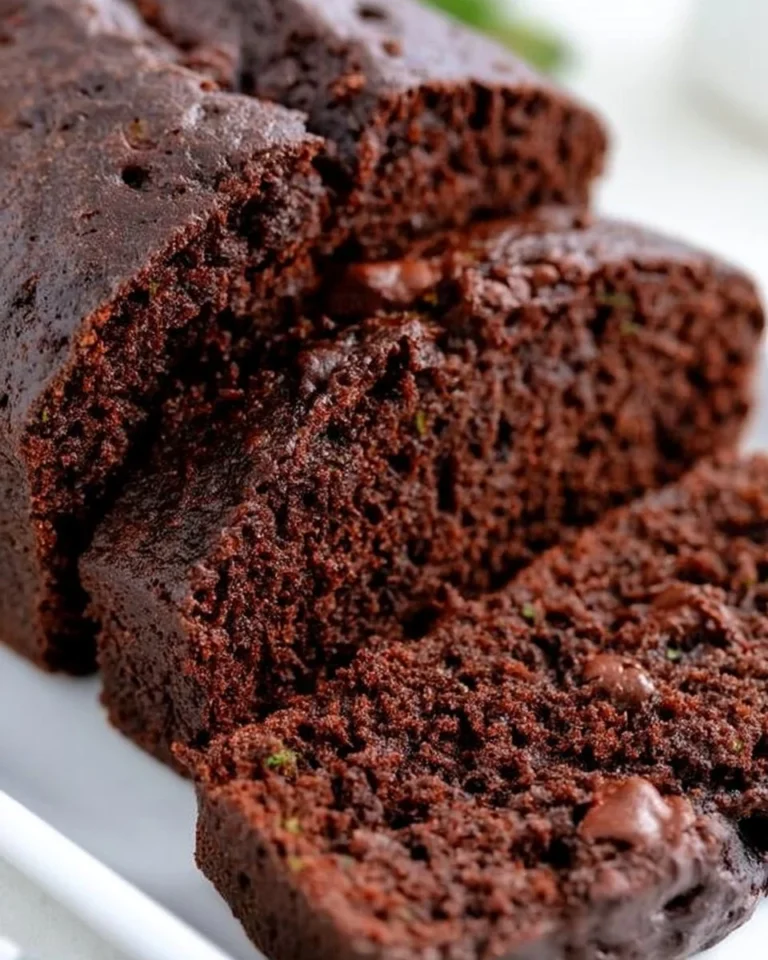 Loaf of moist chocolate zucchini bread with chocolate chips on a cutting board