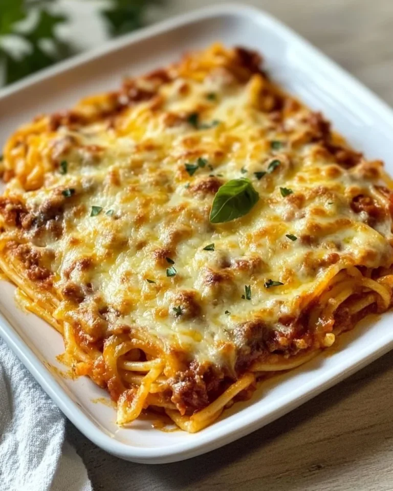 Delicious Classic Baked Spaghetti with cheese and herbs on a plate