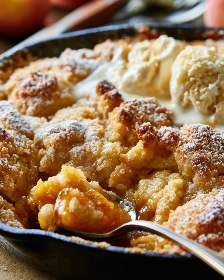 Delicious classic Southern peach cobbler served in a rustic dish