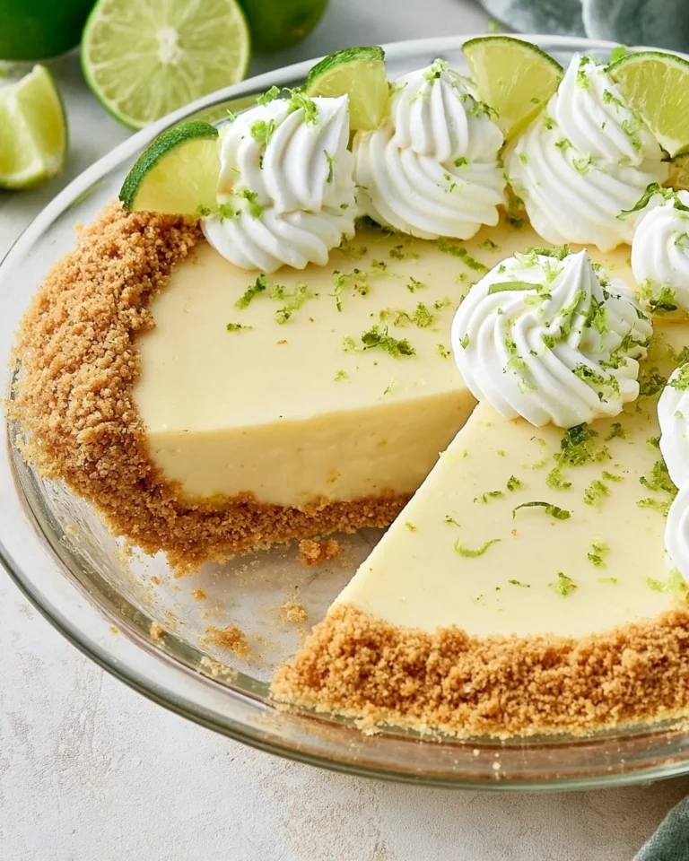Delicious sliced Condensed Milk Key Lime Pie on a plate with lime garnish