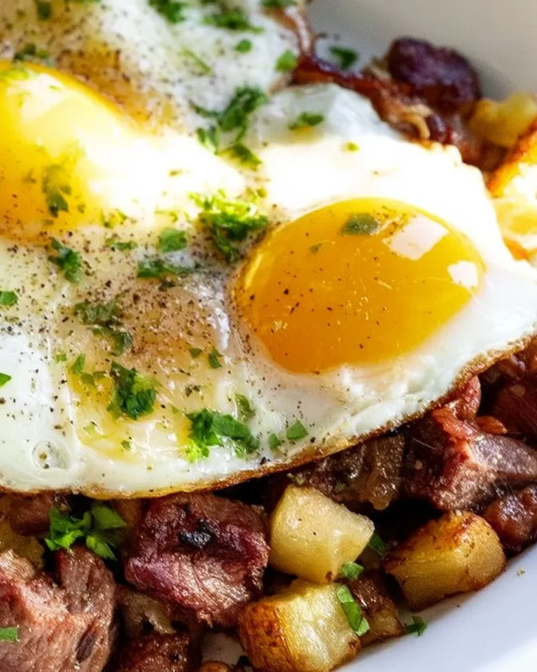 Delicious plate of corned beef hash with eggs and herbs