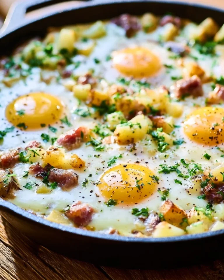 Delicious corned beef hash baked eggs on a plate, perfect for brunch.