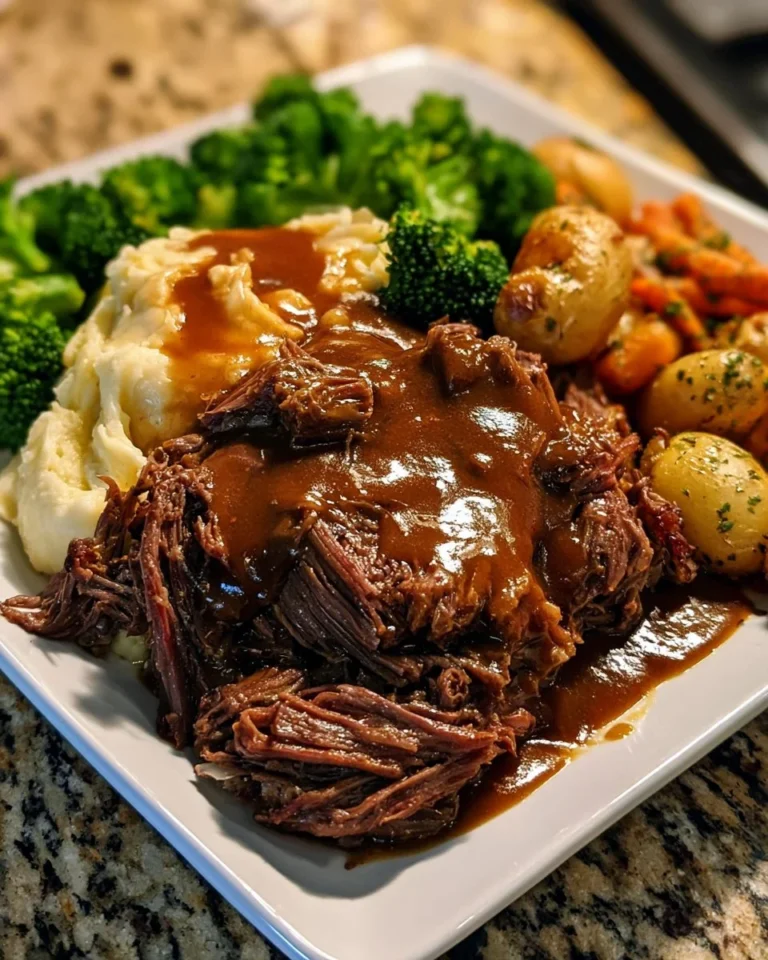 Cozy pot roast dinner plate with tender beef and seasonal vegetables
