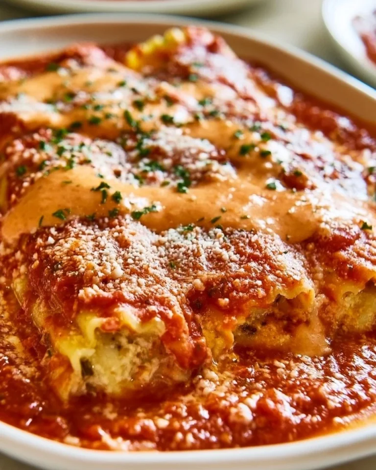 Creamy baked manicotti filled with ricotta and topped with marinara sauce