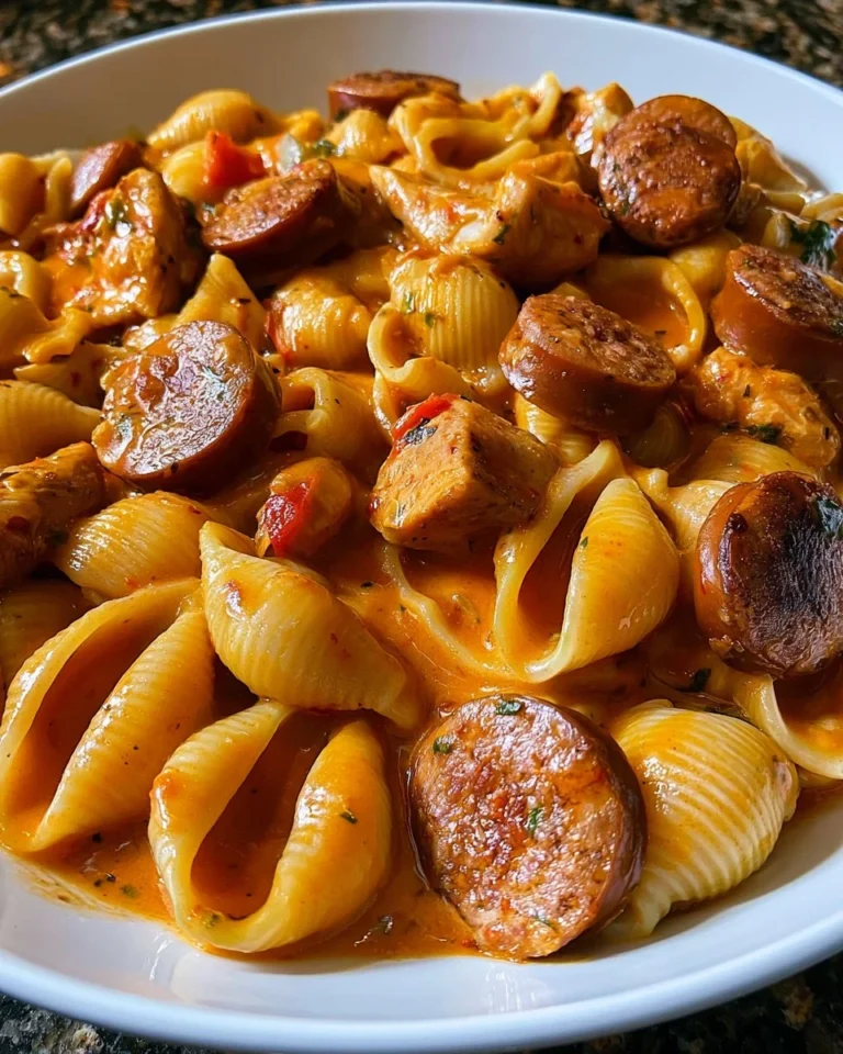 Creamy sausage chicken pasta in rich tomato cream sauce served in a bowl