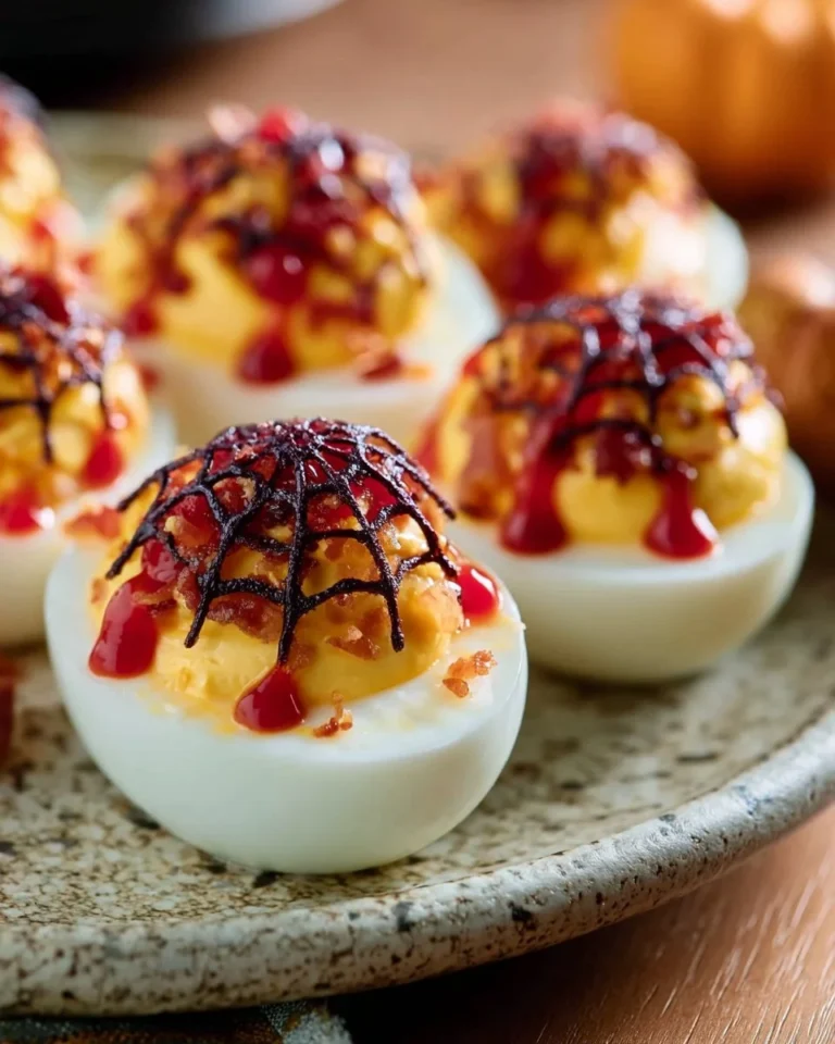Spooky spider web deviled eggs with black olive sriracha drizzle for Halloween