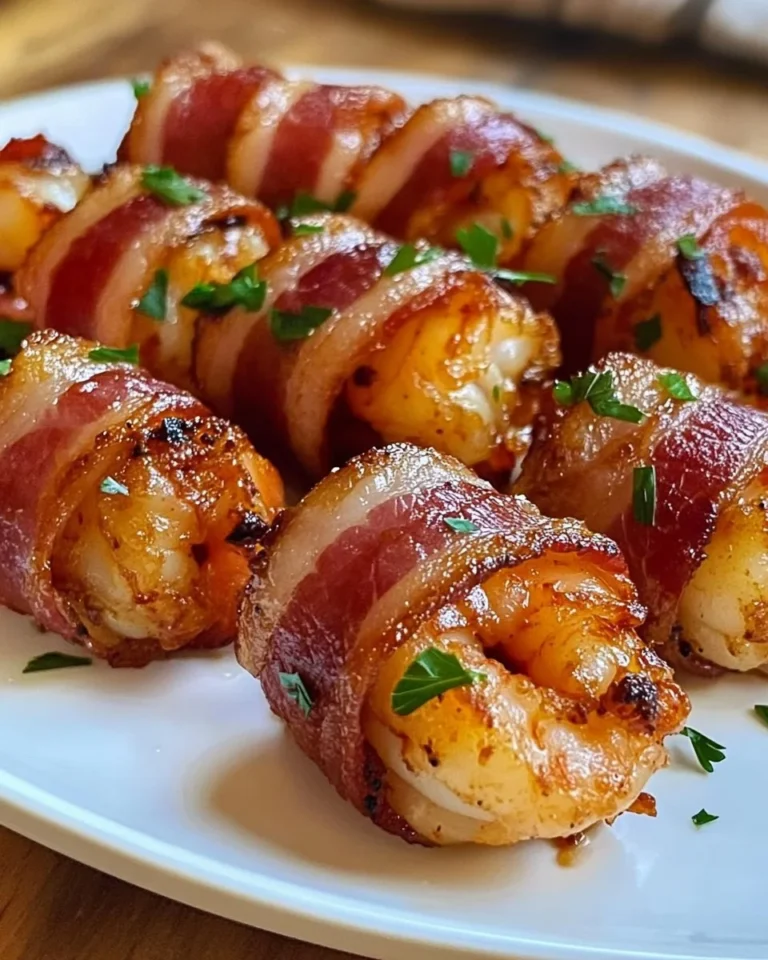Plate of crispy bacon-wrapped shrimp bites served with dipping sauce