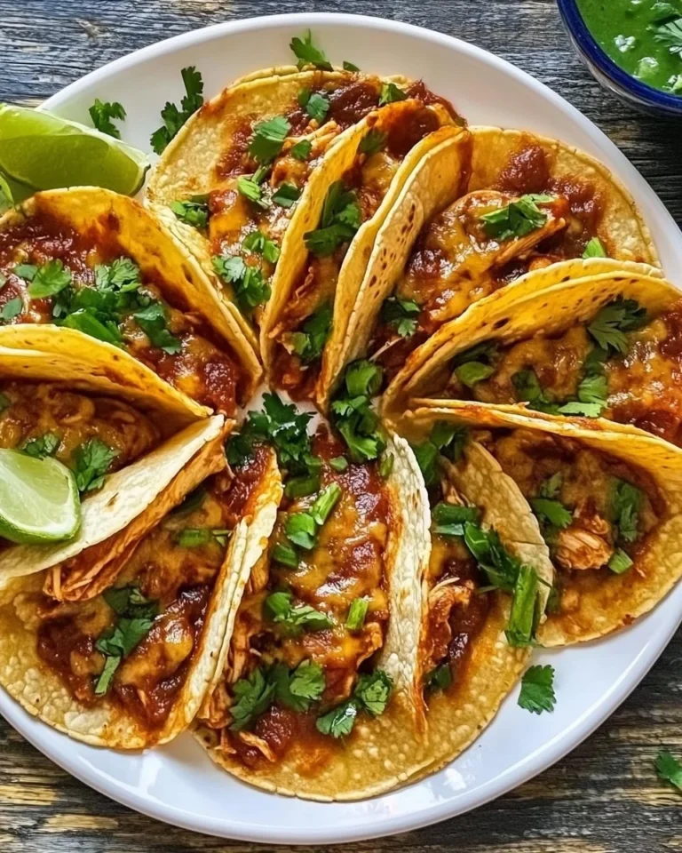 Crispy baked red enchilada chicken tacos garnished with fresh toppings