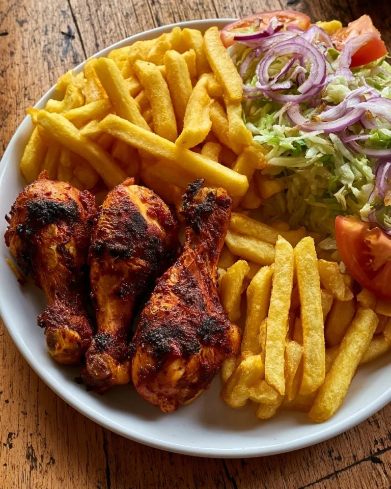Plate of crispy chicken drumsticks with golden fries, a delicious meal option.