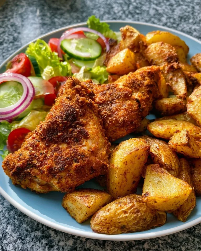 Plate of crispy fried chicken with roasted potatoes and garden salad