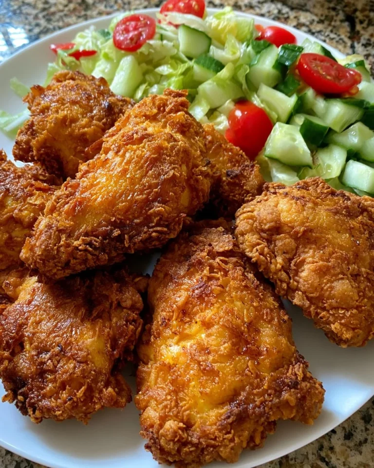 Plate of crispy golden fried chicken garnished with herbs and served with sides.