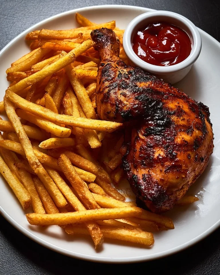 Crispy roasted chicken leg quarter with French fries and dipping sauce on a plate
