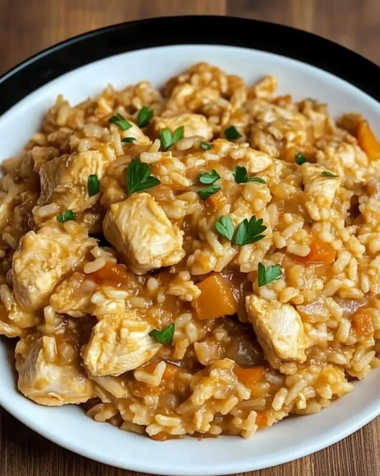 Crock Pot Chicken and Rice served in a bowl with herbs garnish