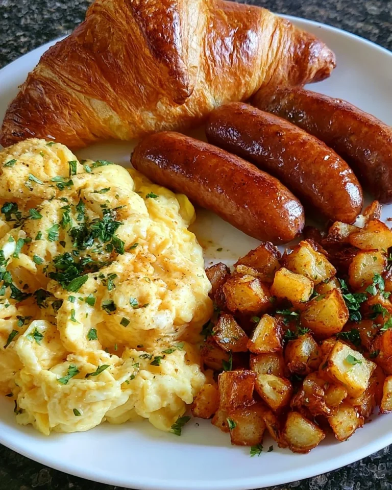 Croissant Breakfast Plate with eggs, potatoes, and sausage on a white plate.