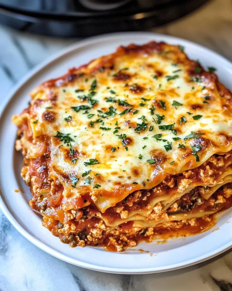 Delicious crockpot lasagna served hot with layers of cheese and pasta.
